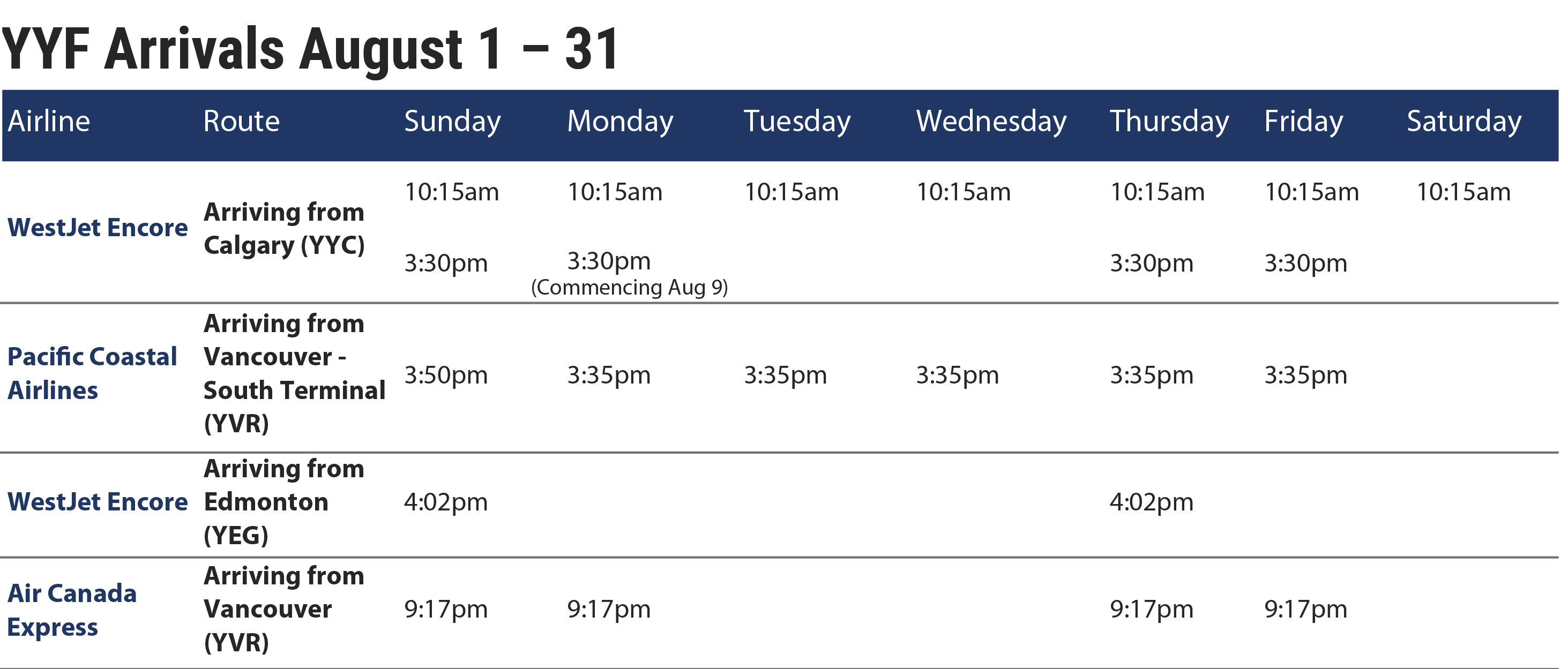 Plan your visit Updated flight schedule for August YYF Penticton Airport